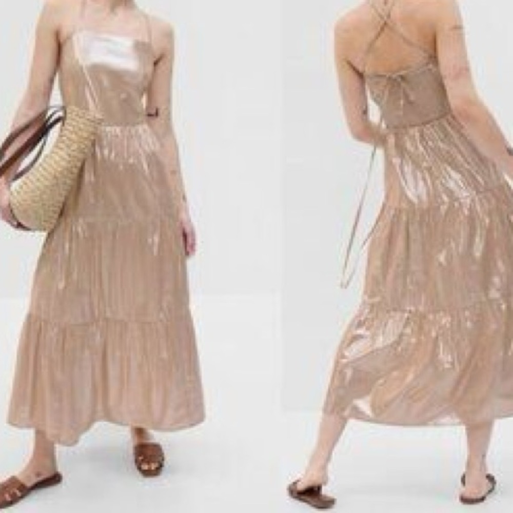 GAP Champagne Gold Tiered Dress L petite - Picture 8 of 10